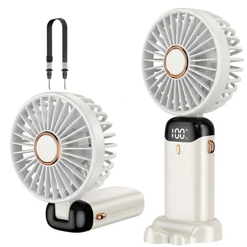 Portable Handheld Fan with LED Display, 90° Foldable, 5 Speed Wind