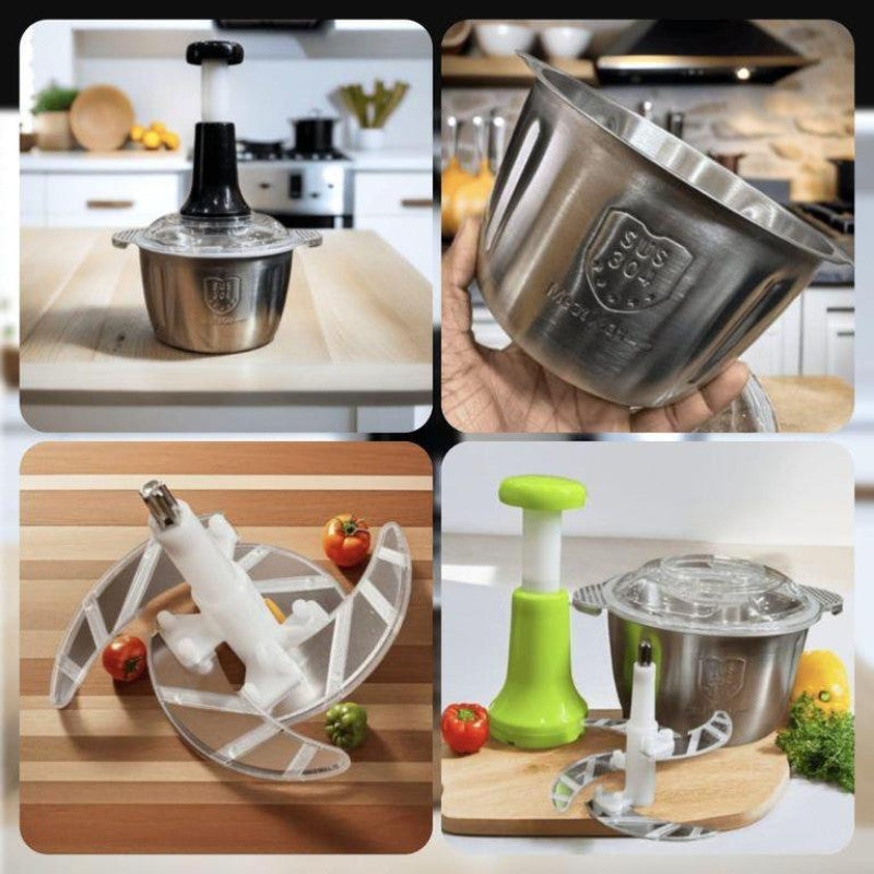 Multifunctional Manual Stainless Steel Bowl Hand Push Chopper with 4 Curved Stainless Steel Blades For Vegetables & Meat