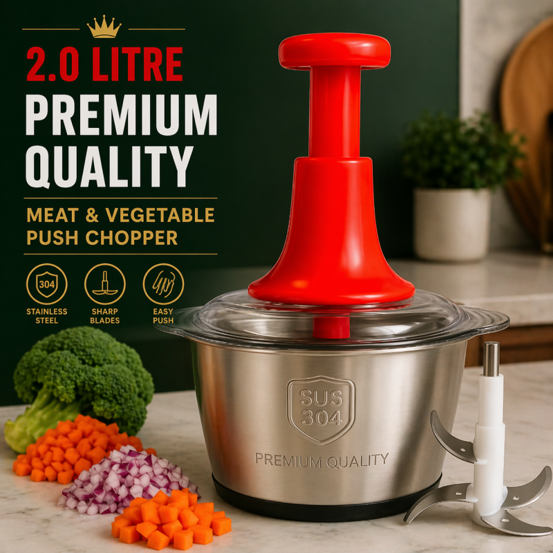 Multifunctional Manual Stainless Steel Bowl Hand Push Chopper with 4 Curved Stainless Steel Blades For Vegetables & Meat