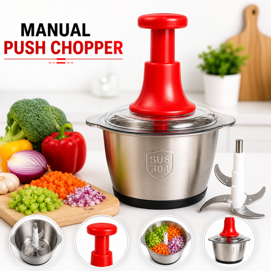 Multifunctional Manual Stainless Steel Bowl Hand Push Chopper with 4 Curved Stainless Steel Blades For Vegetables & Meat