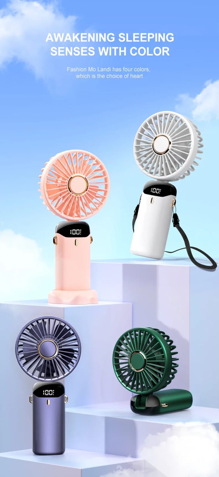 Portable Handheld Fan with LED Display, 90° Foldable, 5 Speed Wind