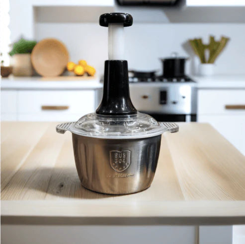 Multifunctional Manual Stainless Steel Bowl Hand Push Chopper with 4 Curved Stainless Steel Blades For Vegetables & Meat