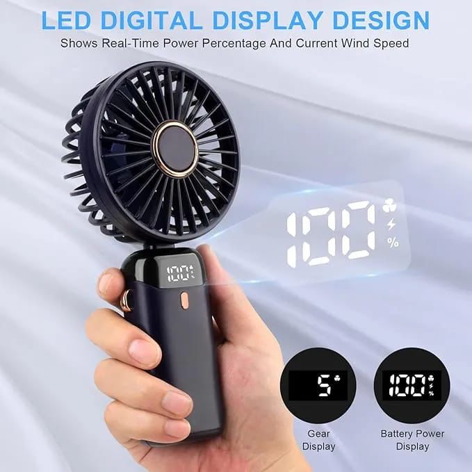 Portable Handheld Fan with LED Display, 90° Foldable, 5 Speed Wind